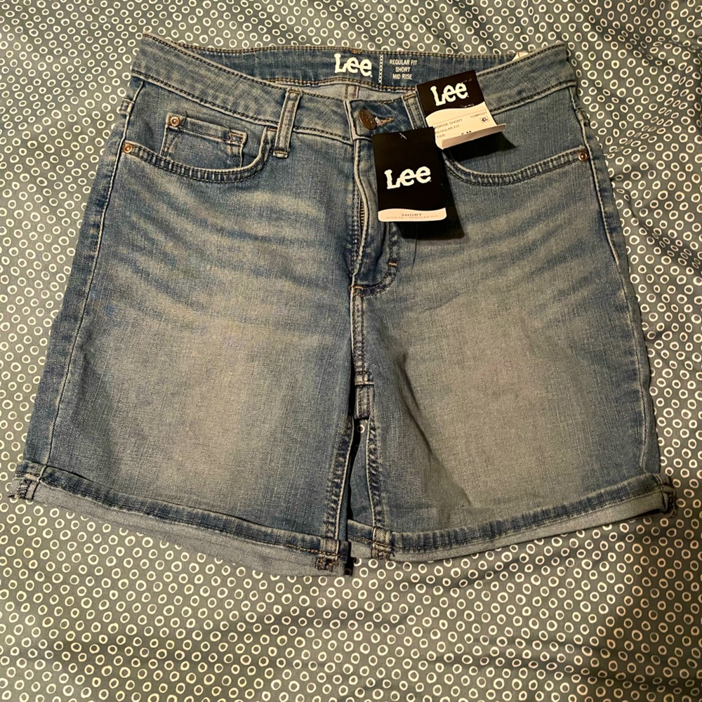 mid rise blue jean shorts